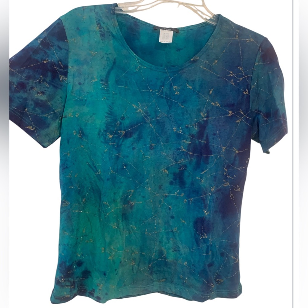 Upper East Side Blue Green Gold Splatter Print Short Sleeve Stretch Tee Shirt Sm